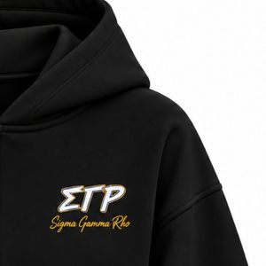 <b>Black</b> <b>Zip</b> Up <b>Hoodie</b> with Greek Letter Embroidery Fleece Sweatshirt Kangaroo Pocket Ribbed Cuffs and Hem Custom Pullover Style - Product Image 2