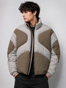 Men's Color Blocking Puffer Jacket Stand Collar Zipper Closure Windproof <b>Thick</b> Polyester Wadding Casual <b>Winter</b> <b>Coat</b> - Product Image 5