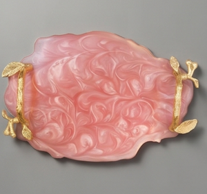 Elegante Bandeja de Servir de Resina Floral Rosa con Asas de Hoja de Oro, Pieza Decorativa para el Hogar, Restaurantes, Bodas y Eventos - Product Image 1