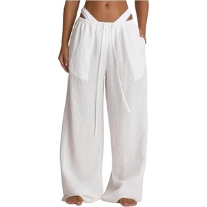 White Linen Wide Leg <b>Pants</b> High Waist Drawstring Loose Fit Full Length Casual <b>Summer</b> <b>Pants</b> With Pockets - Product Image 1