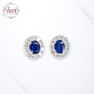 [Sheri Jewels] Pendientes de Diamantes y Zafiro Natural con Halo Clásico en Oro Blanco Sólido de 18K para Mujer, Regalo de Aniversario, Más Vendidos - Product Image 1