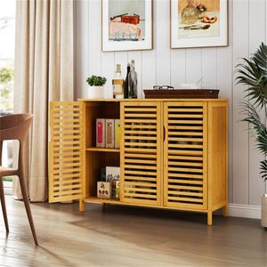 Natural Bamboo 39.5"x14"x31.5" Bathroom Cabinet with 3 Door Design Multiple Shelves for Adequate Storage of Towels/Toiletries - Product Image 3