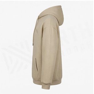 Oversized <b>Quilted</b> <b>Hoodie</b> Men Beige Embroidered Logo Front Pocket Casual Autumn Wear - Product Image 3