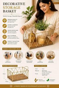 Gold <b>Iron</b> Wire Modern Multifunction Storage Basket with Handles Powder Coated Decorative Base for Kitchen Home - Product Image 2