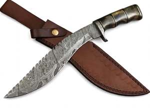 Cuchillo utilitario de hoja fija de acero de Damasco con patrón de plumas hecho a mano, punta caída, funda de cuero, herramienta DIY OEM - Product Image 4