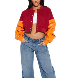 Veste courte de style streetwear en denim pour femmes, veste courte de style varsity avec manches en cuir pour femmes, service OEM - Product Image 2