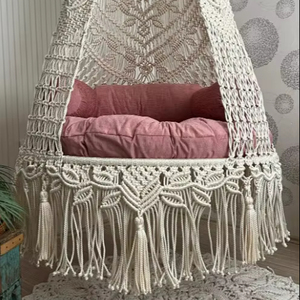 Sillón colgante de macramé color crema con cojines rosas, Hängesessel, Silla columpio, Silla mecedora de macramé - Product Image 1