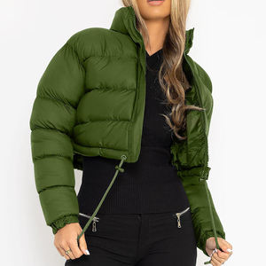 Women's Olive Green Quilted <b>Puffer</b> <b>Jacket</b> With Zipper Closure And Drawstring Waist Winter Coat Short Length Full Sleeve - Product Image 2
