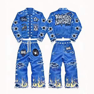 Custom <b>Gothic</b> Punk Streetwear Tracksuit Acid Wash Distressed <b>Jacket</b> Baggy Flame Sweatpants Y2K Unisex Set - Product Image 3