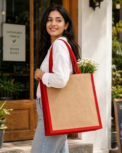 Red Custom Logo Jute Shopping <b>Bag</b> with Canvas Trim Small Size <b>Zipper</b> Closure Handled Supermarket <b>Tote</b> - Product Image 5