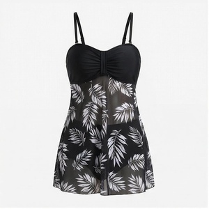 Women's Black Chiffon Swimdress With White Leaf Print Bandeau Top And <b>Skirt</b> Regular Fit Stretch Fabric - Product Image 1