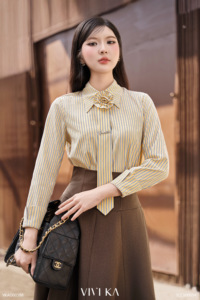 Camisa de Manga Larga a Rayas con Corbata Desmontable para Mujer, de Poliéster/Algodón, Color Violeta, Estilo Casual Vietnamita, Cuello Clásico, Teñido con Hilo - Product Image 5