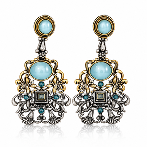 Wholesale Supplier ARTS JEWELS Oxidized Silver Antique Gold Plated Dangle Drop Earrings ER-69 Bulk Supplier Blue Cat Eye Stone - Product Image 1