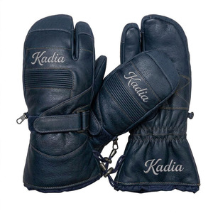 Mitaines à 3 doigts pour homme avec logo personnalisé, bleu marine, en cuir véritable, gants de ski imperméables, mitaines thermiques en cuir de vachette avec broderie - Product Image 4