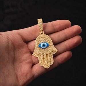 Collier Pendentif Main de Hamsa et Œil Turc en Métal Argenté et Moissanite, Luxe, Sertissage Pavé, Bijoux de Mode Unisexe - Product Image 6