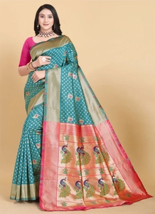 Sari de Seda Verde, Prenda Étnica Tradicional para Bodas y Fiestas, Estilo India-Pakistán, para Usar en Bodas - Product Image 1