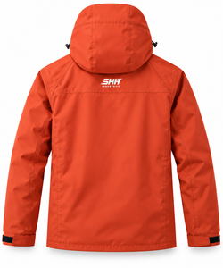 <b>Men</b>’s Orange Hooded <b>Rain</b> <b>Jacket</b> <b>Lightweight</b> Outdoor Shell Windbreaker with Mesh Lining Zip Pockets Adjustable Cuffs Custom OEM - Product Image 2