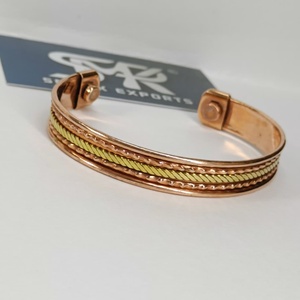 Premium Metal Craft Magnetic Copper Cuff <b>Bangle</b> Two Tone Braided Inlay Design Adjustable Open Bracelet Handmade - Product Image 4