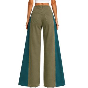 Vaqueros anchos de mujer en verde oliva y azul turquesa, de cintura alta, con paneles en contraste, pantalones de mezclilla, estilo casual y urbano. - Product Image 2