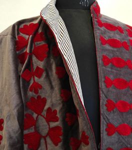 Blazer en velours matelassé brodé à la main pour femme, col mandarin, manches trois quarts, motif floral en coton, vêtement d'extérieur automne-hiver - Product Image 6