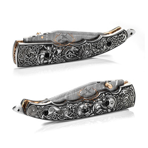 Cuchillo Plegable Profesional de Acero de Damasco para Camping - Mango de Hueso de Camello con Grabado Láser - Valhalla Dragonborn Grado Industrial - Product Image 5