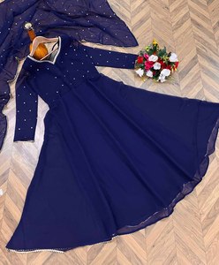 Vestido Anarkali Azul con Dupatta, Traje Tradicional Indio, Vestido Largo de Georgette para Bodas y Fiestas, Corte Regular para Mujer, Estampado Digital - Product Image 3
