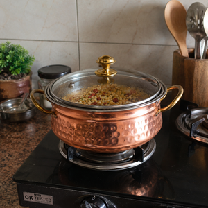 Hammered Copper Casserole Cooking <b>Pot</b> with Glass Lid Double Handles Traditional Handi Serving Cookware Hotel Restaurant Catering - Product Image 3