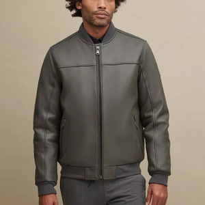 <b>Mens</b> Genuine <b>Leather</b> Double Pocket Jacket Slim Fit <b>Coat</b> Full Zip Stand Collar <b>Long</b> Sleeve Casual Fashion Outerwear Soft Lining - Product Image 4