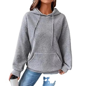 Sudadera con capucha holgada con textura de gofre para mujer de otoño, mangas caídas sólidas con Jersey y bolsillo, tela de rizo informal - Product Image 2