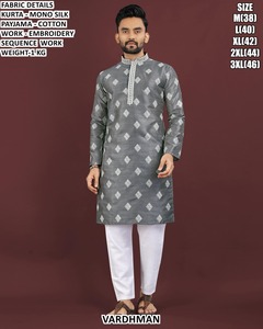 Kurta en soie verte pour homme VARDHMAN avec pyjama en coton brodé, tenue traditionnelle indienne, coupe classique - Product Image 4