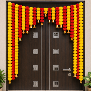 Red Yellow Marigold Toran Golden Bells Ganesha Idol Eco-Friendly Plastic Handmade Multi-Functional Puja Backdrop Home Decor - Product Image 1