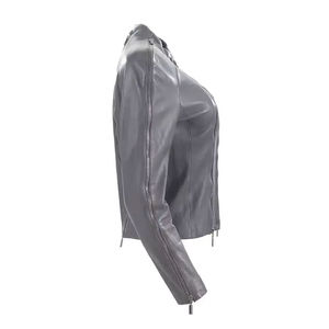 Chaqueta de Moto de Cuero PU para Mujer, Manga Larga, Cuello Alto, Cierre de Cremallera, Color Sólido, Estilo Otoñal, Largo Regular - Product Image 5