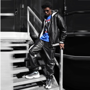 Custom OEM Men's Genuine <b>Sheepskin</b> Leather Tracksuit Two-Piece Set Striped Trim Hooded Bomber <b>Jacket</b> and Cargo Jogger set - Product Image 1