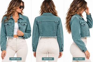 Women's Teal Denim <b>Trucker</b> <b>Jacket</b> With Fringed Hem Long Sleeve Turn-down Collar Cropped Fit Spring Wear - Product Image 6