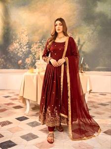 Women's Wine Maroon Fendy Silk Embroidered Anarkali Gown Pant Set with Dupatta | Sequins Work | Party Wear <b>Wedding</b> Wear - Product Image 1