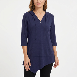 <b>Women's</b> <b>Navy</b> Hooded Tunic Long Sleeve V-Neck Asymmetric Hem Front Pocket Anti-Wrinkle Cotton Blend Knitted Fabric Casual <b>Top</b> - Product Image 5