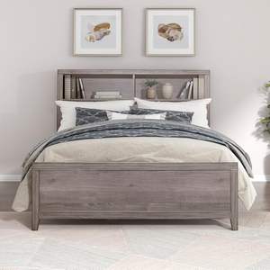 Queen <b>Platform</b> <b>Bed</b> Handcrafted in Brownish Gray Durable Solid <b>Wood</b> Frame with Traditional Design - Product Image 2