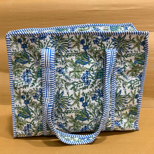 Handcrafted Quilted Blue Green Floral Tote <b>Bag</b> Printed <b>Fabric</b> Shoulder Handbag Lightweight Everyday Carry Designer Shopping <b>Bag</b> - Product Image 1