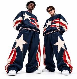 Custom American Flag Distress Applique Tracksuit Fleece Streetwear Full Sleeve Loose Fit Crew Neck Winter Wear With Side Pockets - Product Image 1