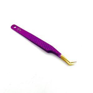 Pinzas de Precisión para Pestañas ASB, Punta Dorada de 45 Grados, Acero Inoxidable, Logotipo Personalizado, Mango Morado - Product Image 2