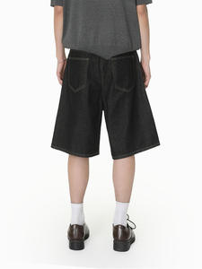 Men's High Waist Dark Blue Denim Bermuda Shorts <b>Button</b> <b>Fly</b> Casual Style Solid Color Cotton Woven Breathable - Product Image 3