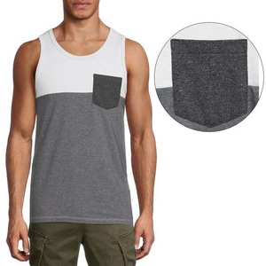 Débardeur pour homme à blocs de couleur avec poche, col rond, décontracté, tricoté, sans manches, gris et blanc, en coton - Product Image 1