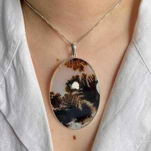 Pendentif Cabochon Ovale en Agate Naturelle Scénique, Fait Main, en Argent Sterling 925, Collier de Fiançailles Vintage pour Femme - Product Image 6
