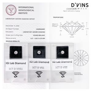 เพชร D'Vins Jewels 1 กะรัต สี D รูปทรงกลมเจียระไนแบบบริลเลียนท์ เพชรเพาะเลี้ยงในห้องปฏิบัติการ สำหรับทำเครื่องประดับ - Product Image 1
