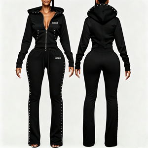 Women Hooded Cotton Heavyweight <b>Tracksuit</b> Set Solid Color Full Length Zipper Rhinestone Detail Casual Wear Autumn Style <b>White</b> - Product Image 2