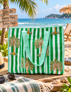 Sac fourre-tout matelassé léger en coton avec fermeture éclair, rayures vertes et blanches, imprimé palmiers, style bohème, sac de plage pour l'été, ouverture supérieure - Product Image 3