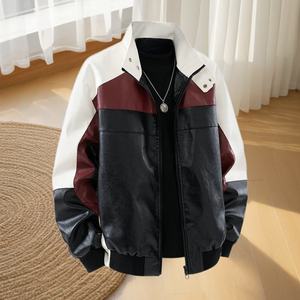 Men's PU Premium Leather <b>Jacket</b> Color Blocking Stand Collar Zipper Closure Casual Autumn Wear Regular Fit - Product Image 1