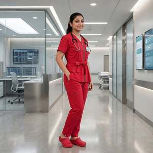 Conjunto de Uniforme Médico Personalizado para Mujer, de Algodón Tejido, Cuello en V, Cierre de Cremallera, Mangas Plegadas, Cinturón, Ropa de Trabajo para Enfermería, OEM - Product Image 3