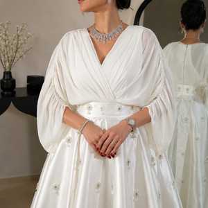 White Satin Embroidered Kaftan Maxi Dress Elegant Modest Evening Gown Designer <b>Bridal</b> Reception Party Dress for Women - Product Image 4