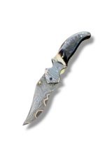 Couteau pliant en cuivre damas forgé à la main avec manche en corne de bélier et étui en cuir, couteau de chasse de poche EDC personnalisé CuMai